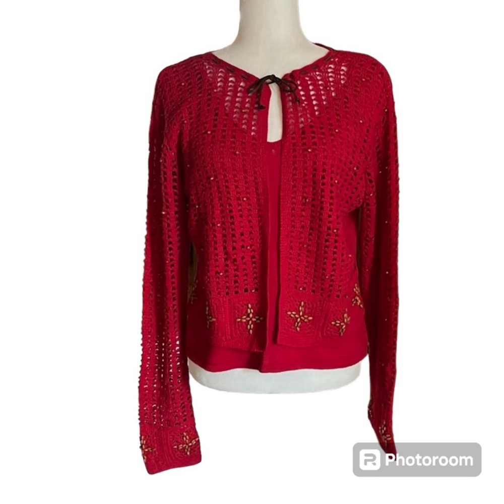 Victoria Jones Petite Vintage Red Open Knit Crochet Cardigan Size PM